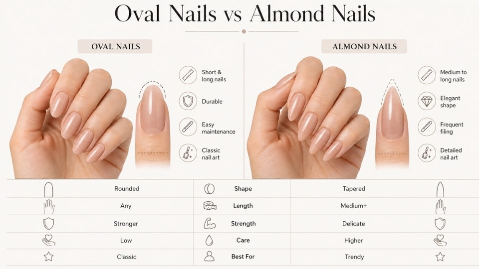 Editorial infographic comparing oval nails vs almond nails, featuring nude manicures, side profile nail shapes, key features, and a visual comparison chart.