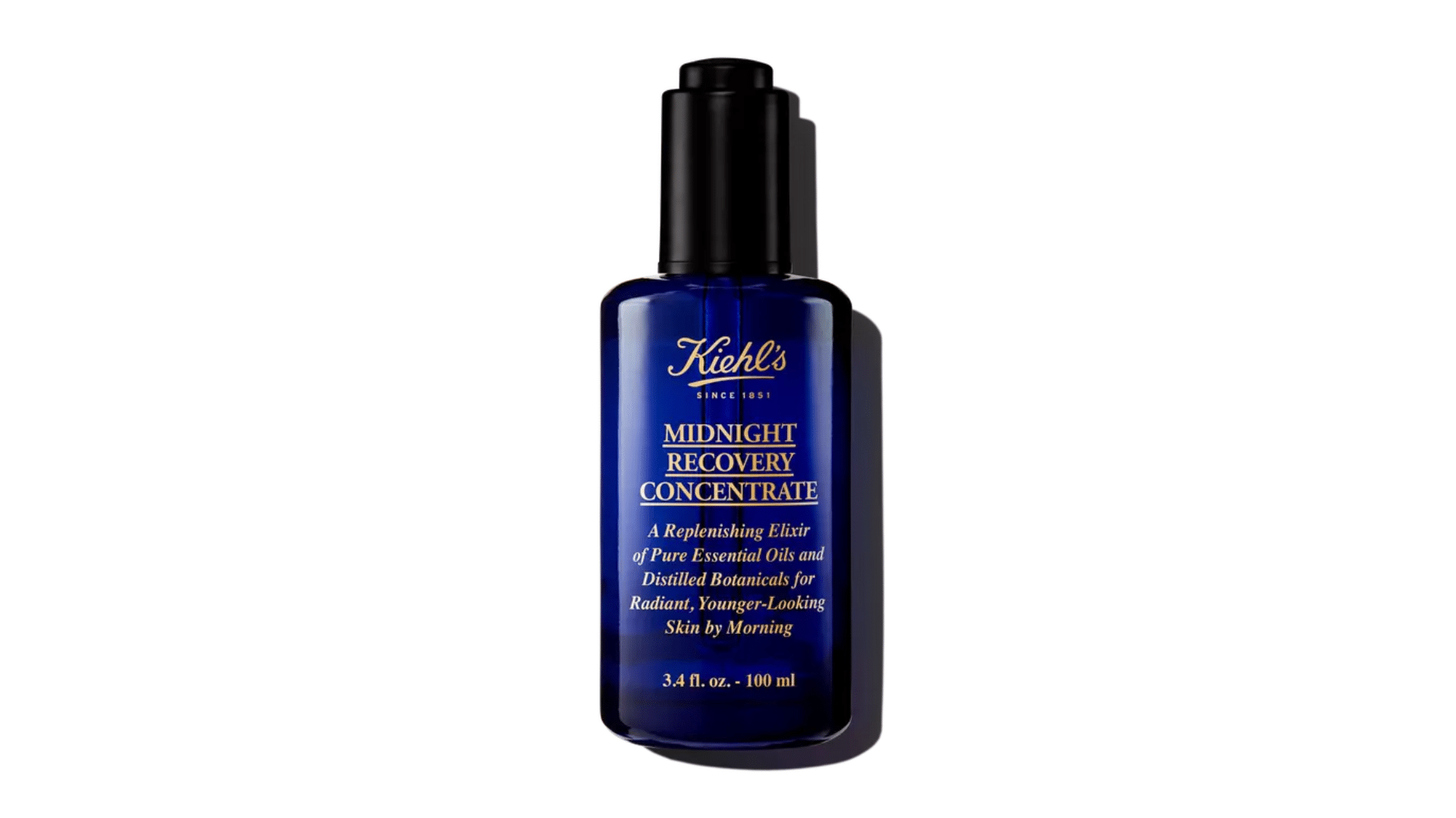 Kiehl's Midnight Recovery Concentrate bottle with dark blue glass packaging and dropper cap displayed on white background