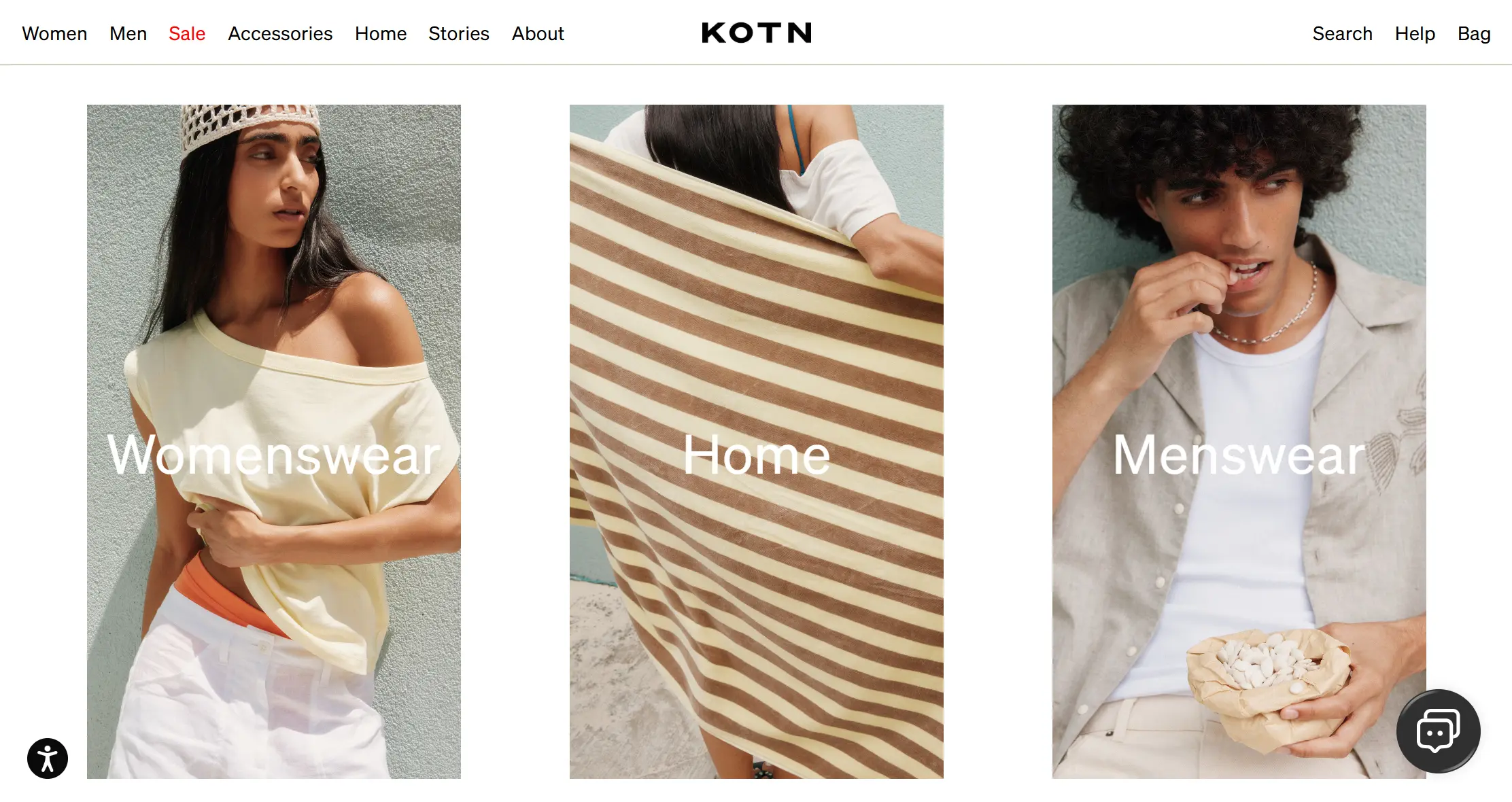 Kotn website homepage featuring navigation cards for Womenswear, Home, and Menswear.