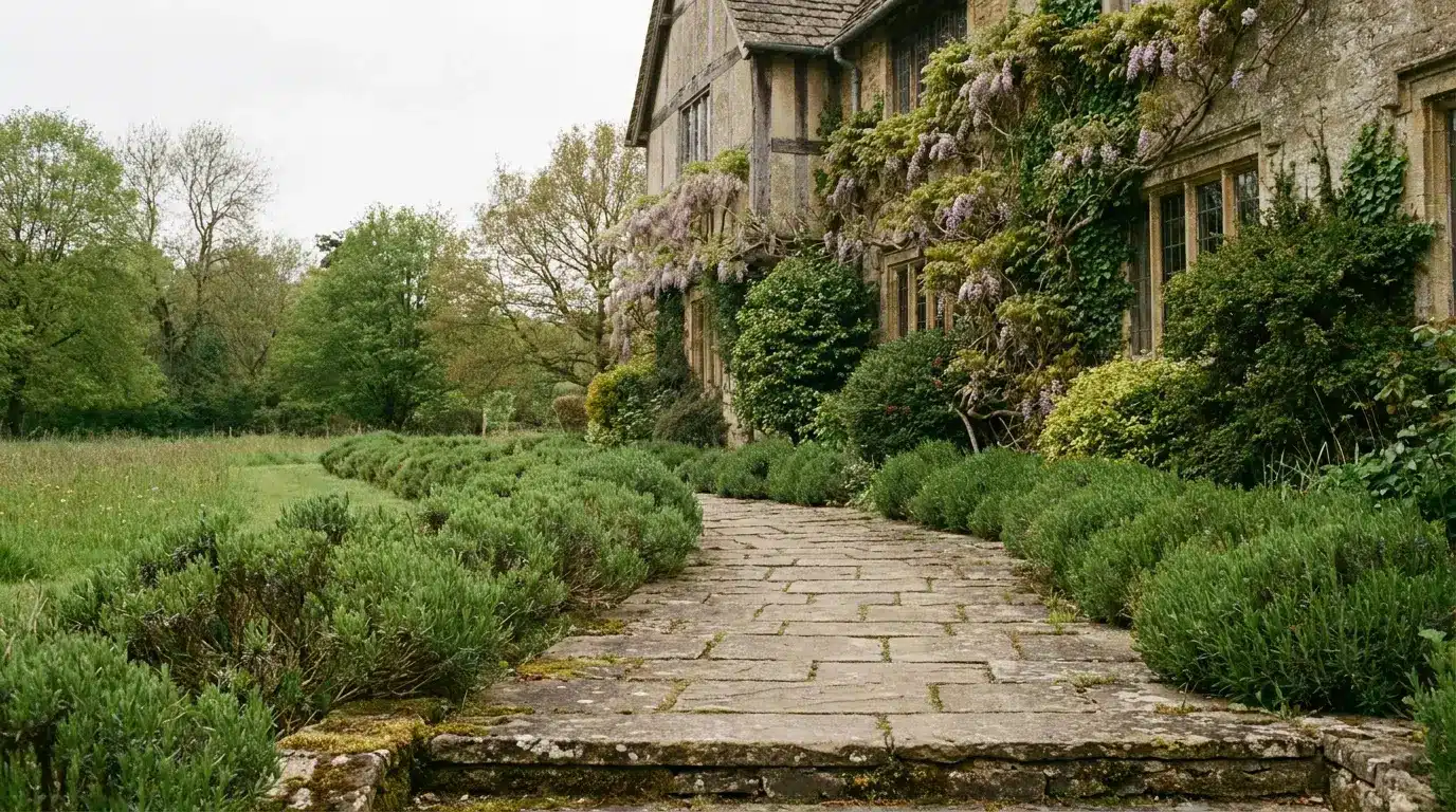 Pathway lined with greenery leading to old stone house with flowering vines