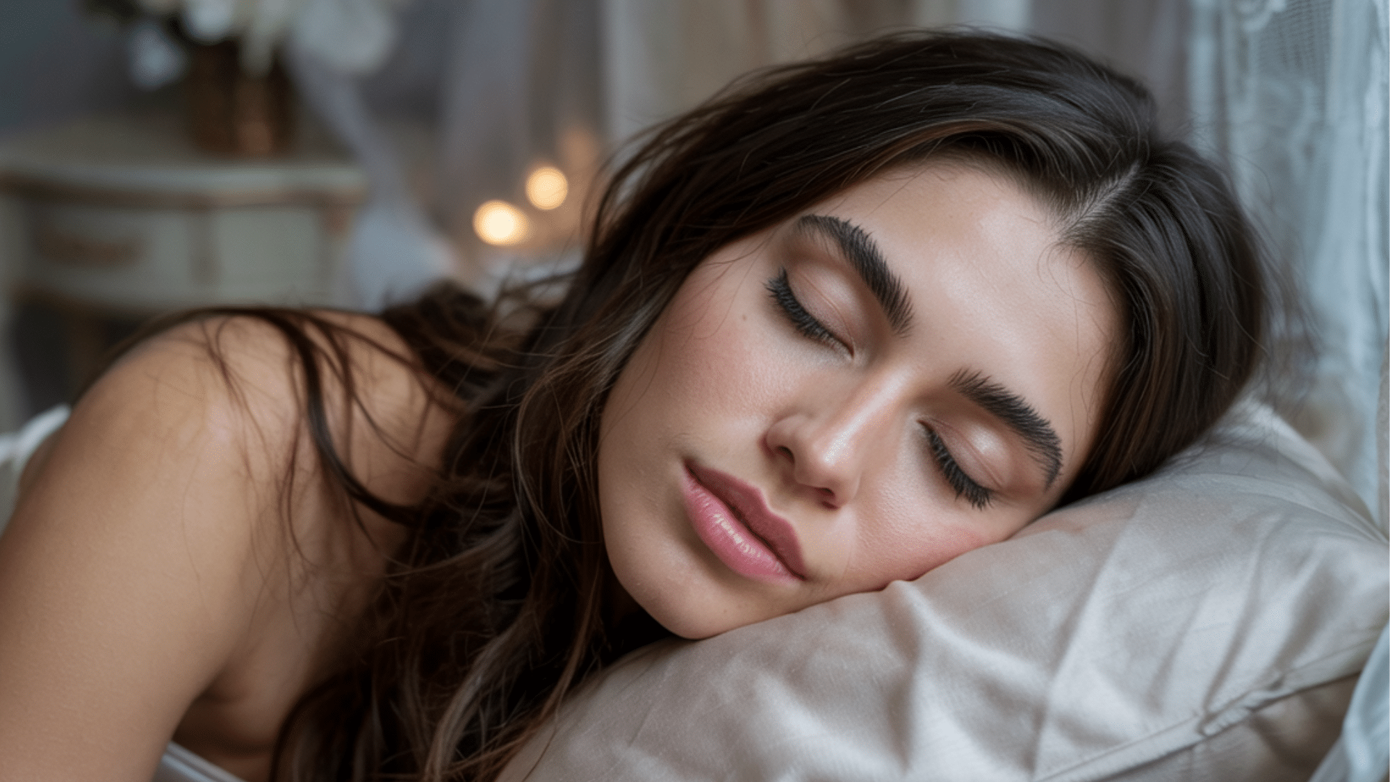 woman sleeping peacefully on a soft pillow with long dark lashes coated in castor oil overnight