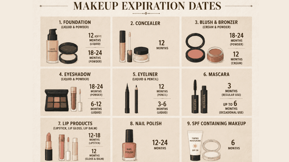 Makeup expiration dates infographic showing shelf life of foundation, mascara, lipstick, eyeshadow, and other beauty products