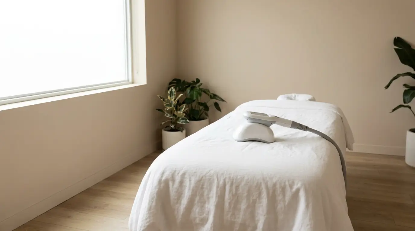 Medical device on massage table in minimalist room with houseplants and natural light