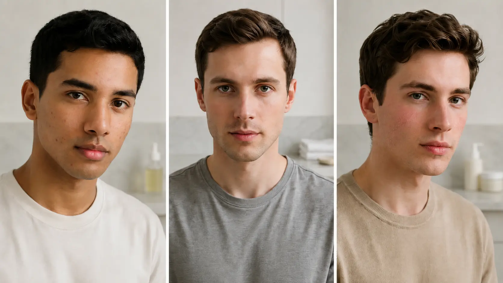 Three men with different skin types showing varied facial textures and skincare concerns in a clean bathroom setting