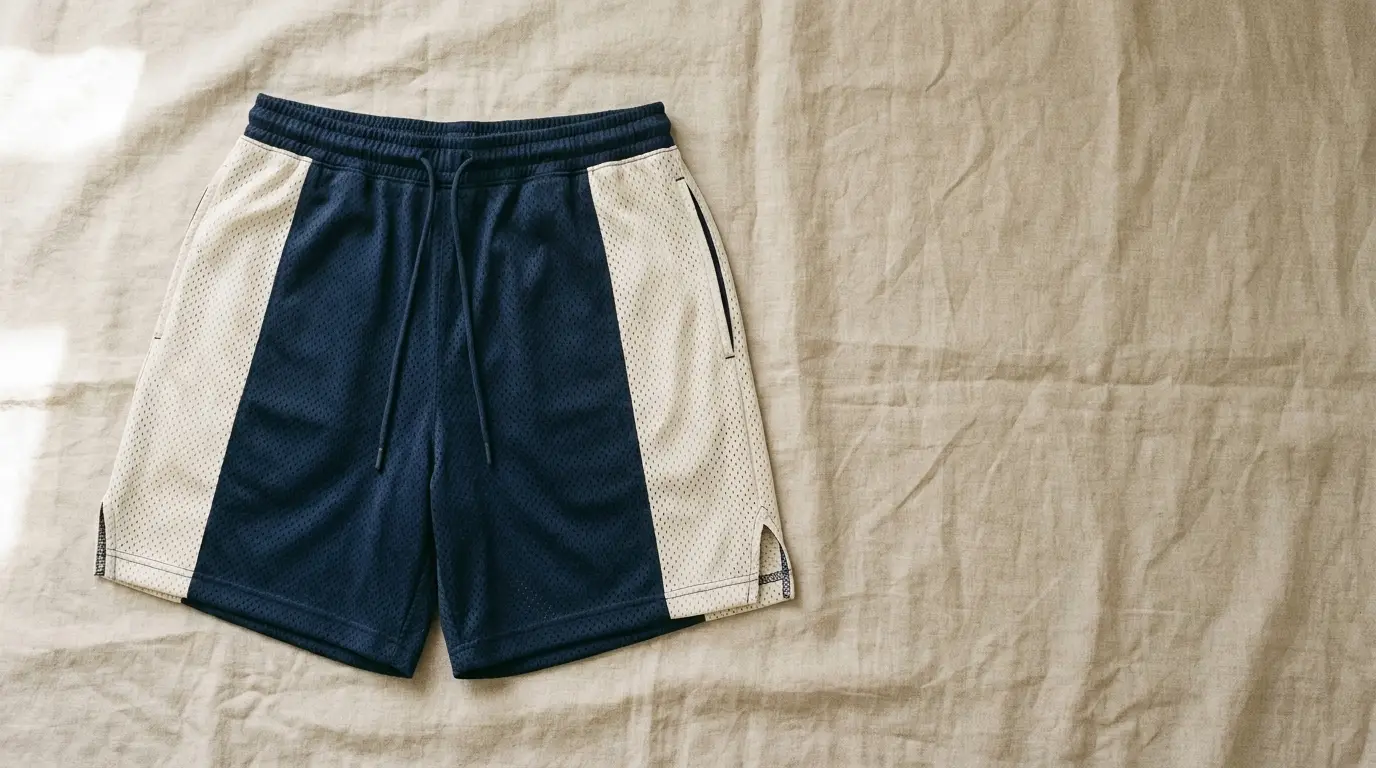 Two-tone blue and cream athletic shorts on beige fabric background
