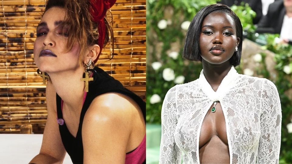 Metallic 80s inspired makeup featuring Adut Akech alongside an 80s punk-glam look