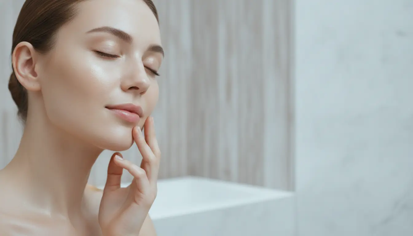 Woman with closed eyes touching face in bathroom with neutral tones