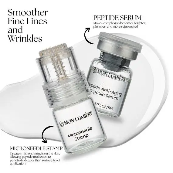 Microneedle stamp and peptide serum bottles on white background