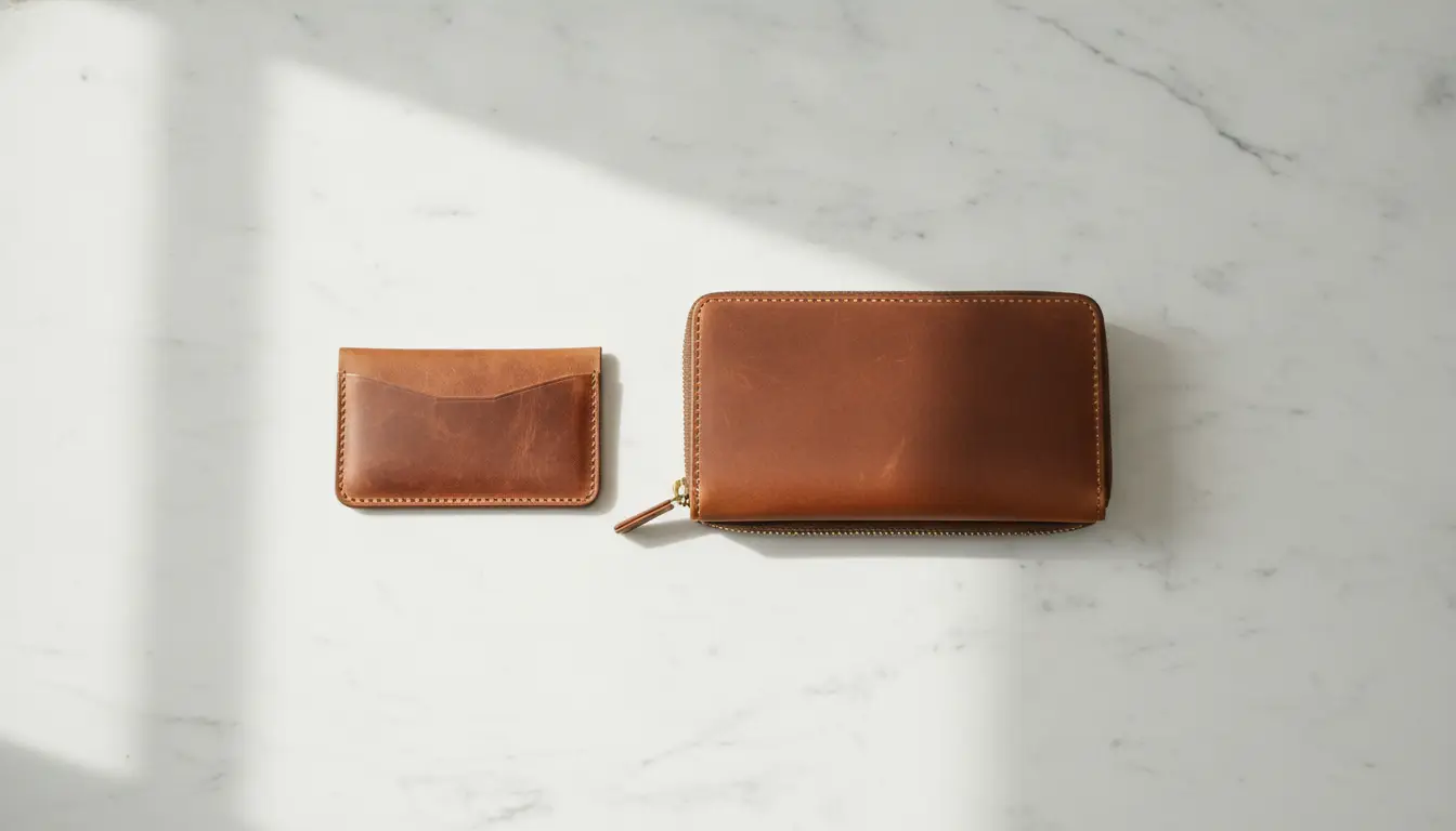 Brown leather wallet and cardholder on white marble surface in natural light