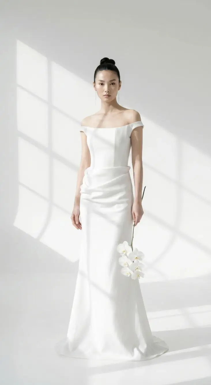 Elegant woman in white off-the-shoulder gown holding orchids in bright studio setting