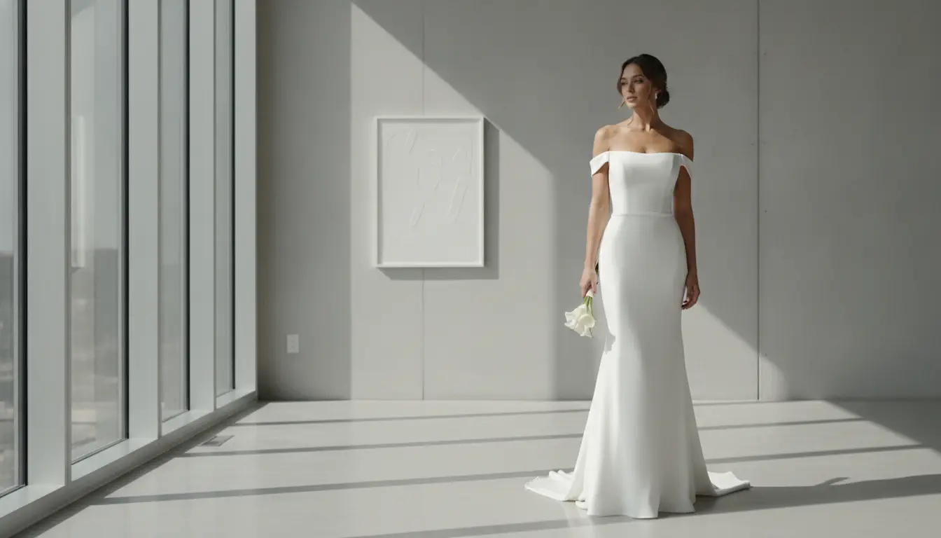 Bride in elegant off-the-shoulder gown holding flowers in bright minimalist room
