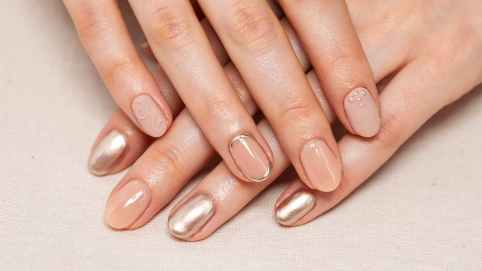 Round nails featuring mixed finishes with matte glossy and chrome textures in a modern manicure design