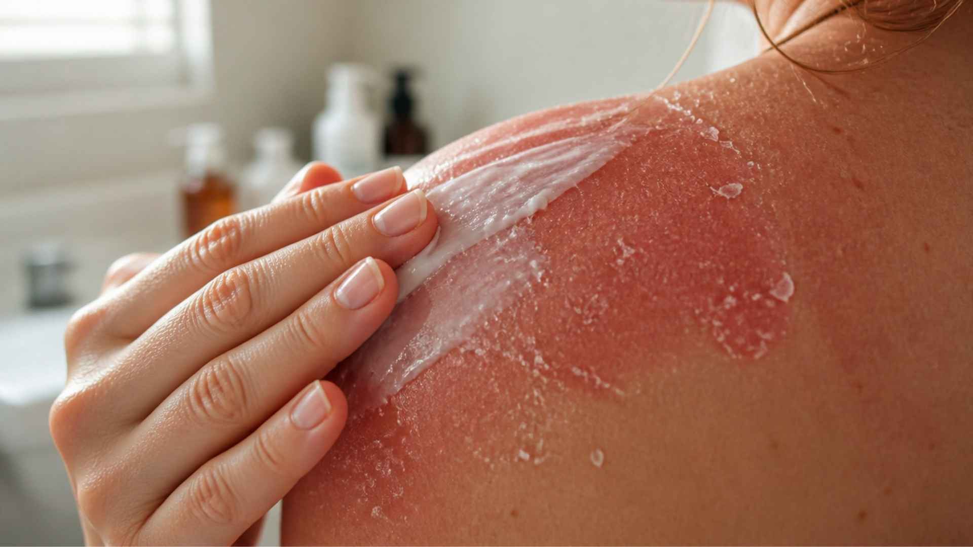 Hands applying thick moisturizer to peeling, sunburned shoulder skin