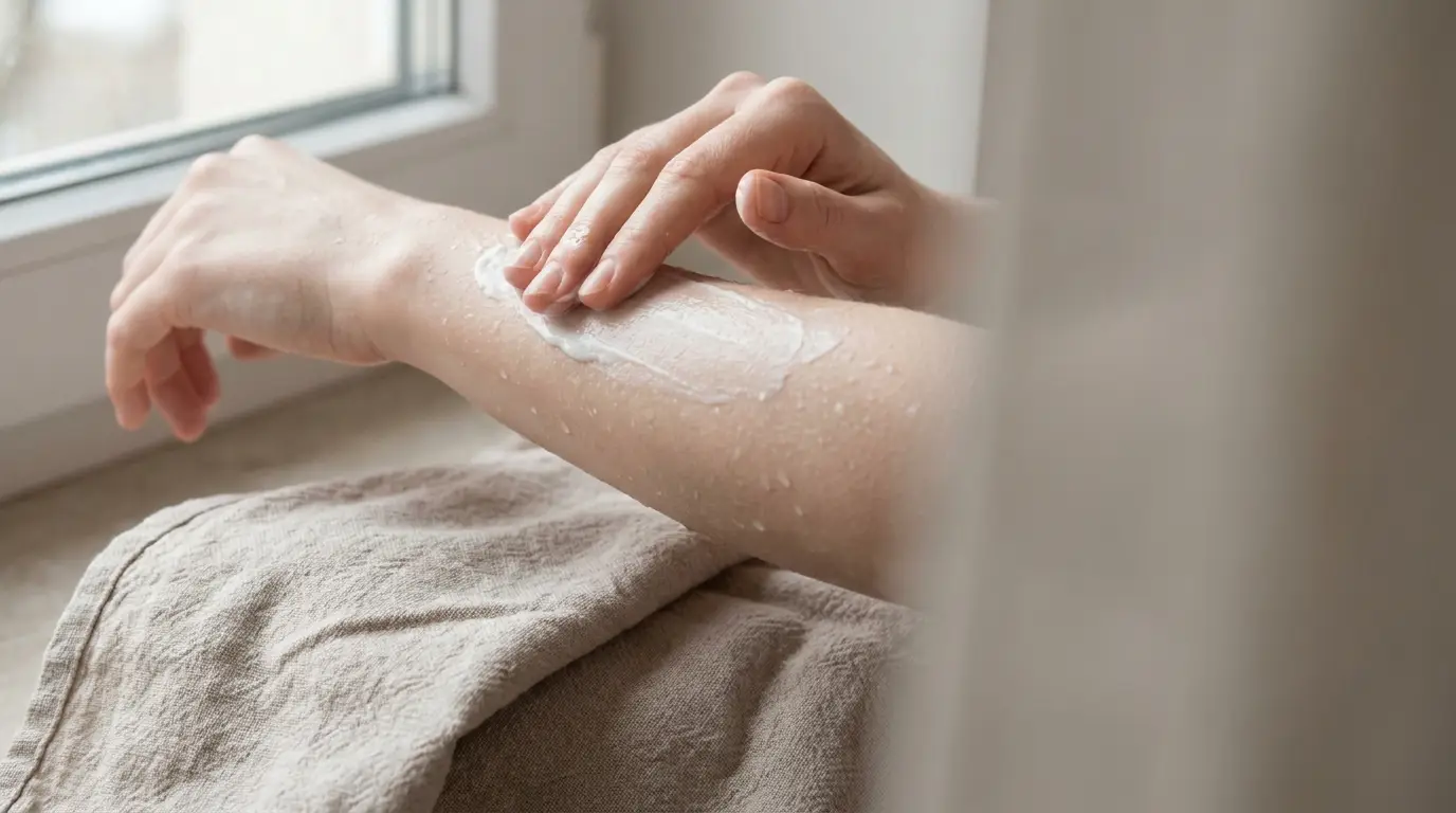 Applying lotion to arm with beige towel in natural light near window