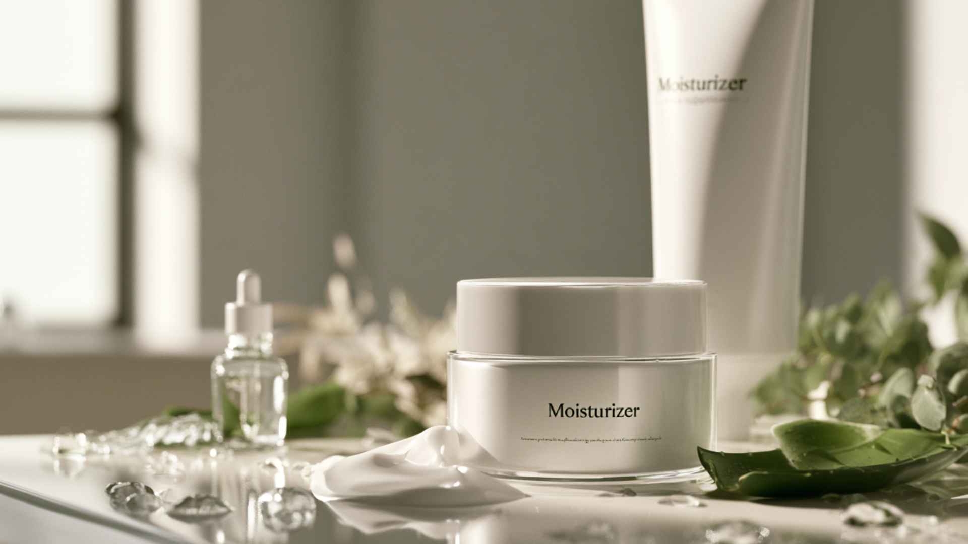 Moisturizer jar displayed with cream texture and hydration ingredients in a clean bright skincare product setup