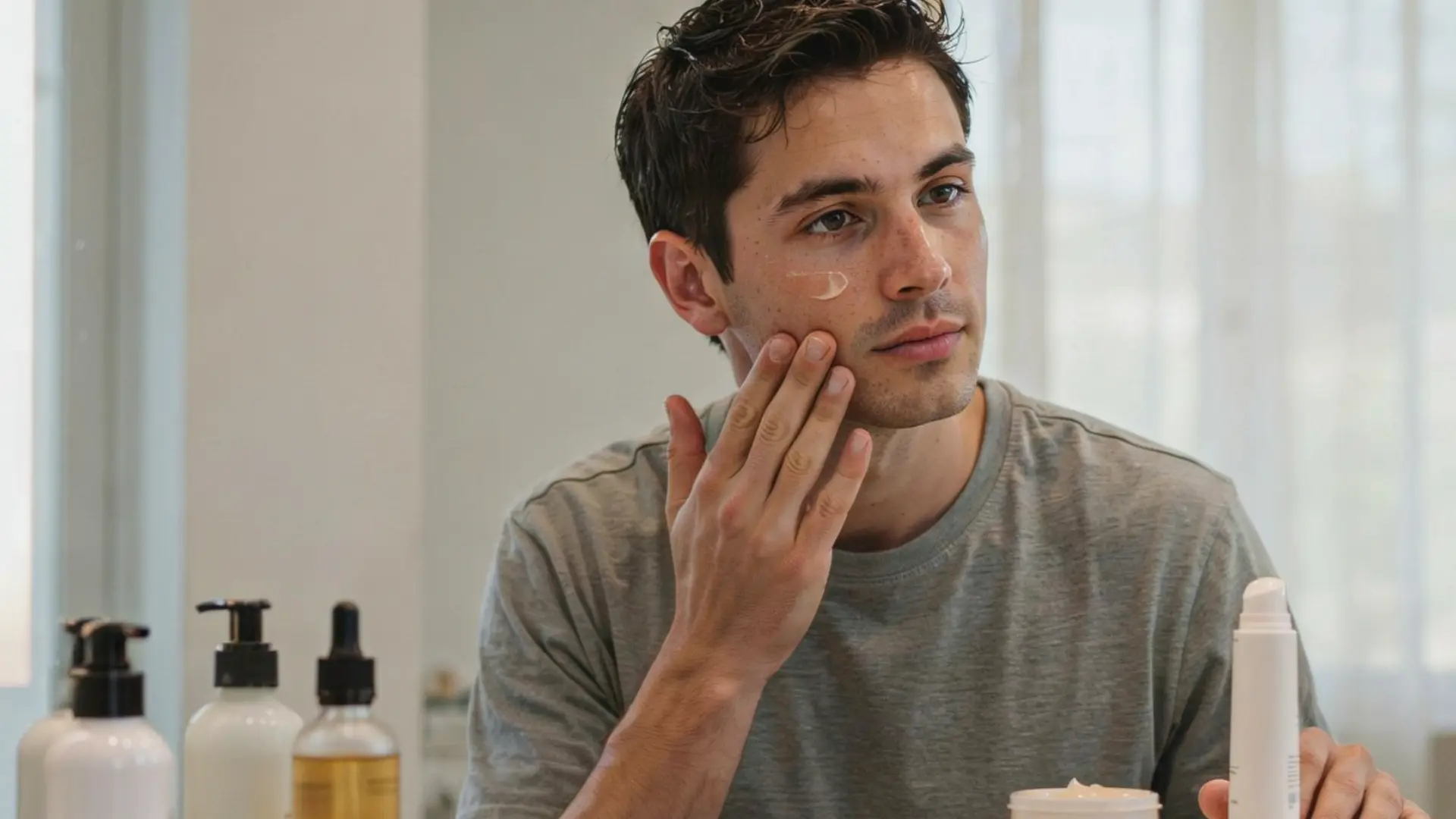 A man applying skincare products to his face during a morning routine in a bright bathroom setting