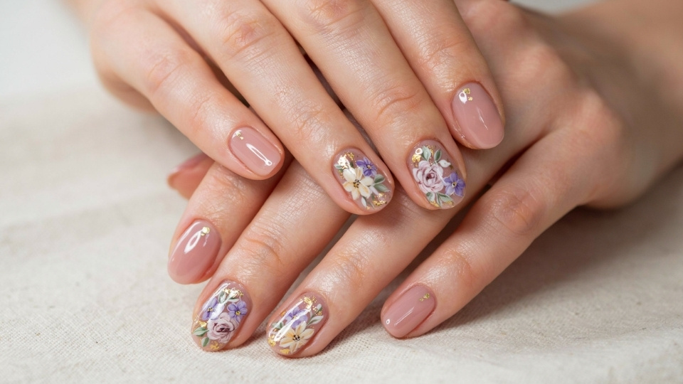 Rounded nails with tiny vintage flowers and muted colors creating a subtle feminine manicure