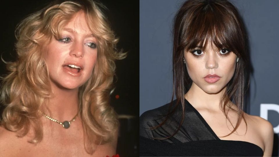 Goldie Hawn and Jenna Ortega in natural 80s makeup with soft blush and full brows
