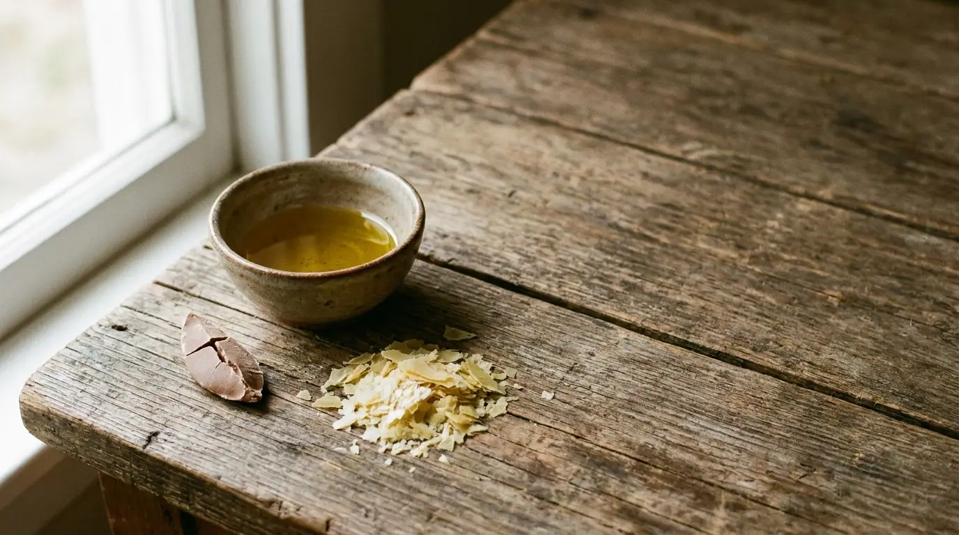 Bowl of oil, broken shell, and cheese shavings on rustic wooden table by window
