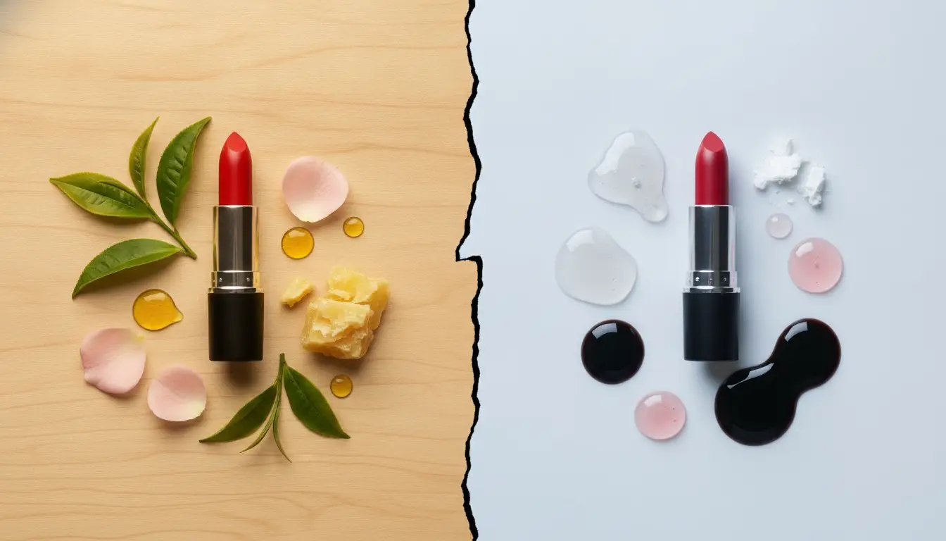 Red lipstick with natural and synthetic ingredients on split background of wood and white surface