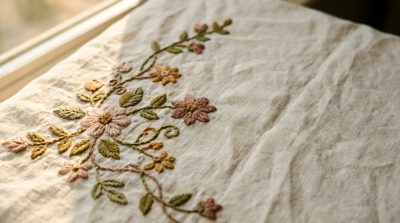 Floral embroidery with green leaves on beige fabric under soft daylight