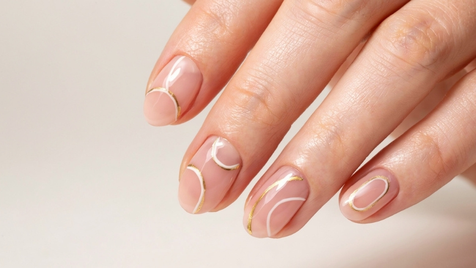 Round nails featuring negative space designs with curved lines and natural nail sections