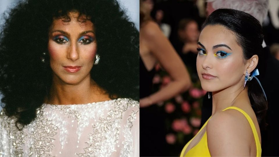 Cher and actress Camila Mendes in neon blue and colorful 80s eye makeup