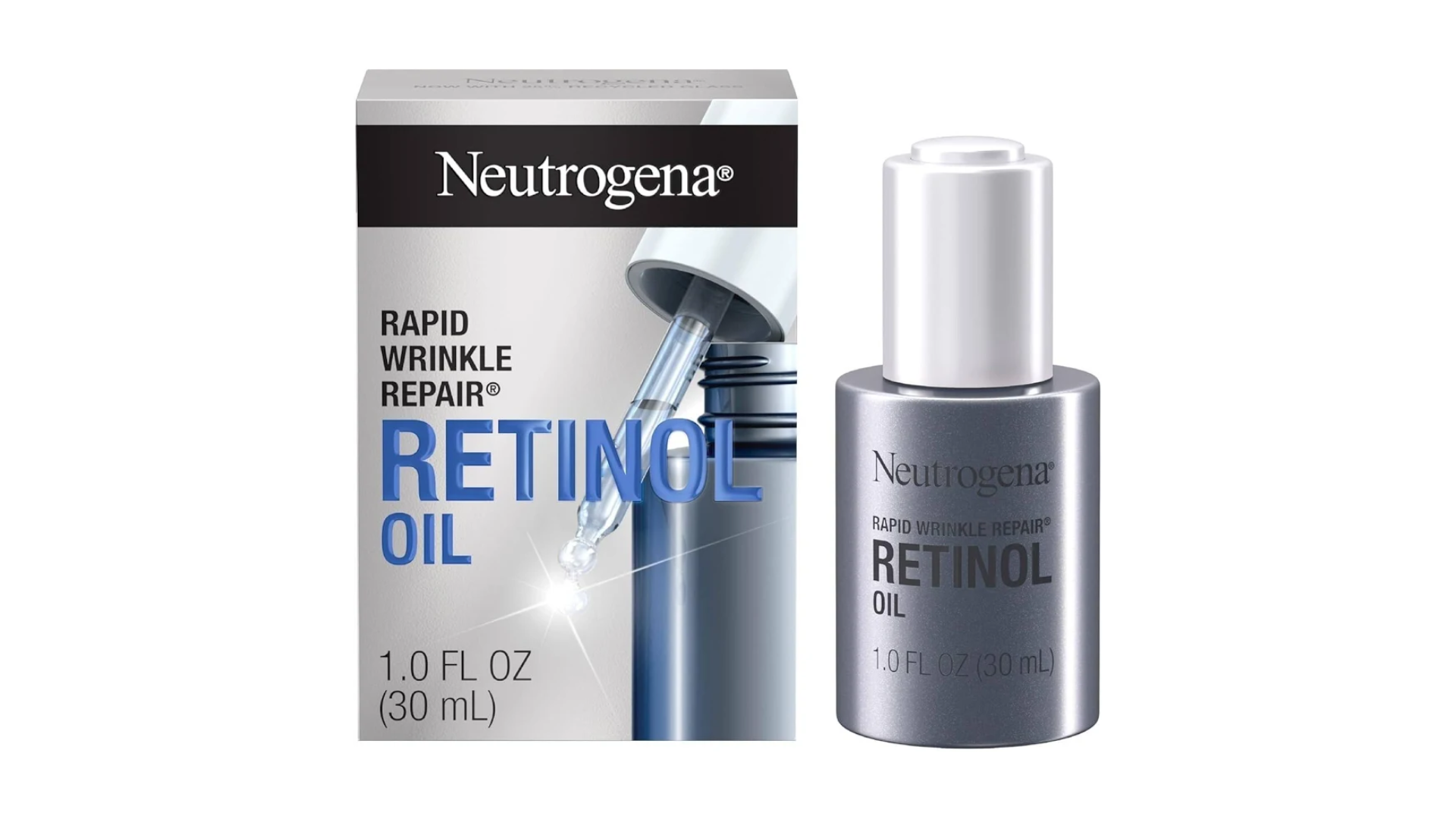 Neutrogena Rapid Wrinkle Repair Retinol Oil bottle with matching silver product box displayed on a clean white background