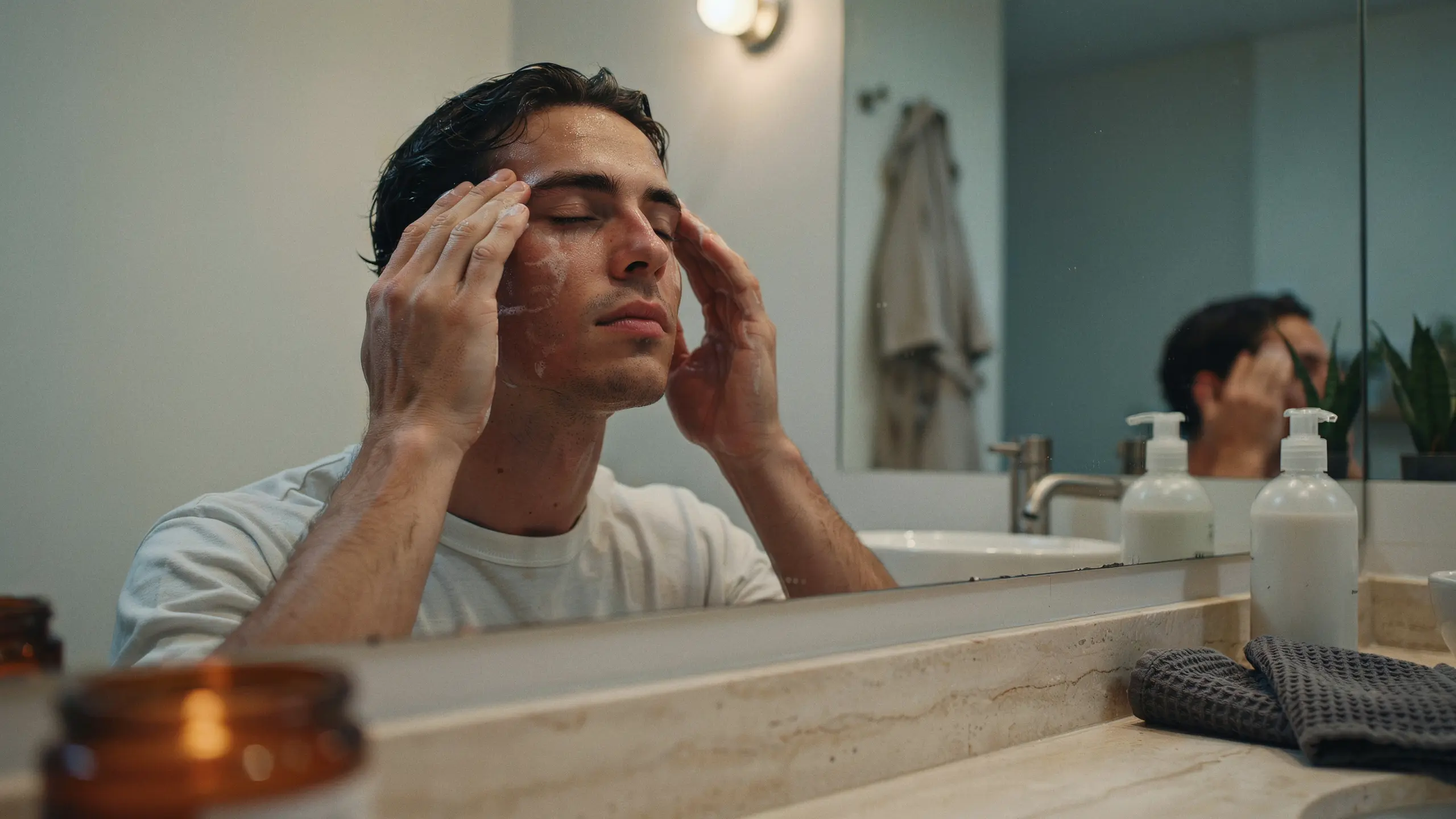A man applying moisturizer to his face at night while following a skincare routine in front of a bathroom mirror