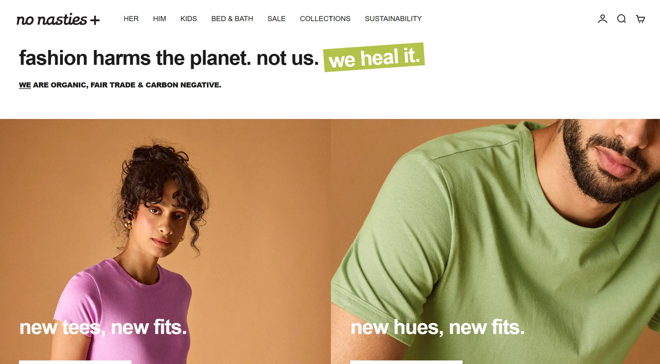 **No Nasties Homepage** Models in purple and green t-shirts with