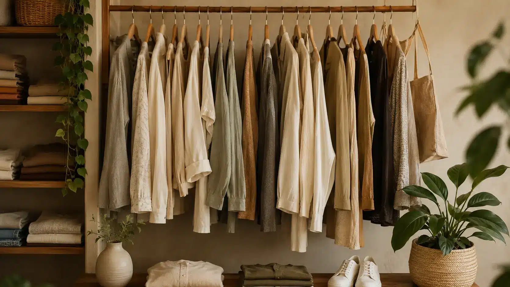 Wooden clothing rack filled with neutral-toned garments on wooden hangers, flanked by potted plants, folded clothes, and white sneakers.