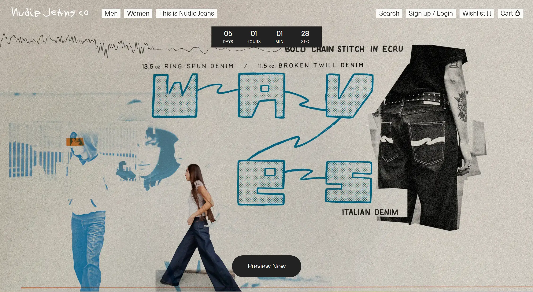 **Nudie Jeans Co Homepage** A graphic layout featuring models,