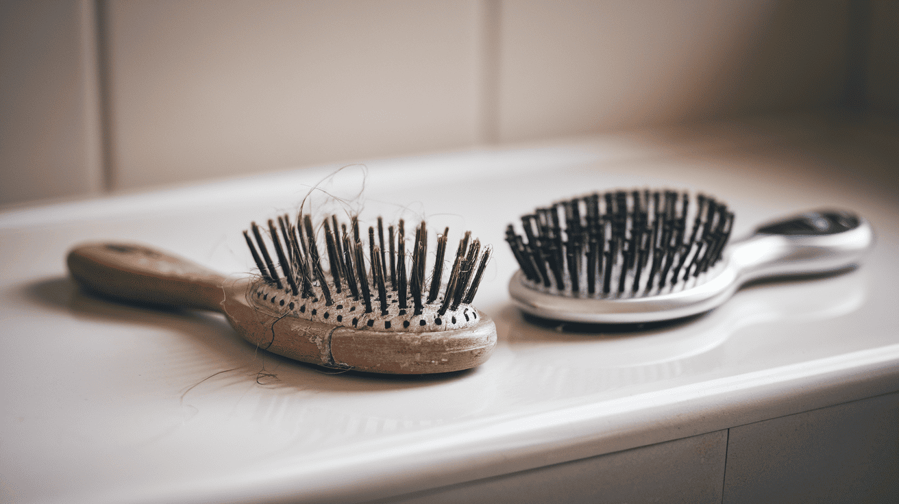 Side by side comparison of a worn out hairbrush and a new replacement