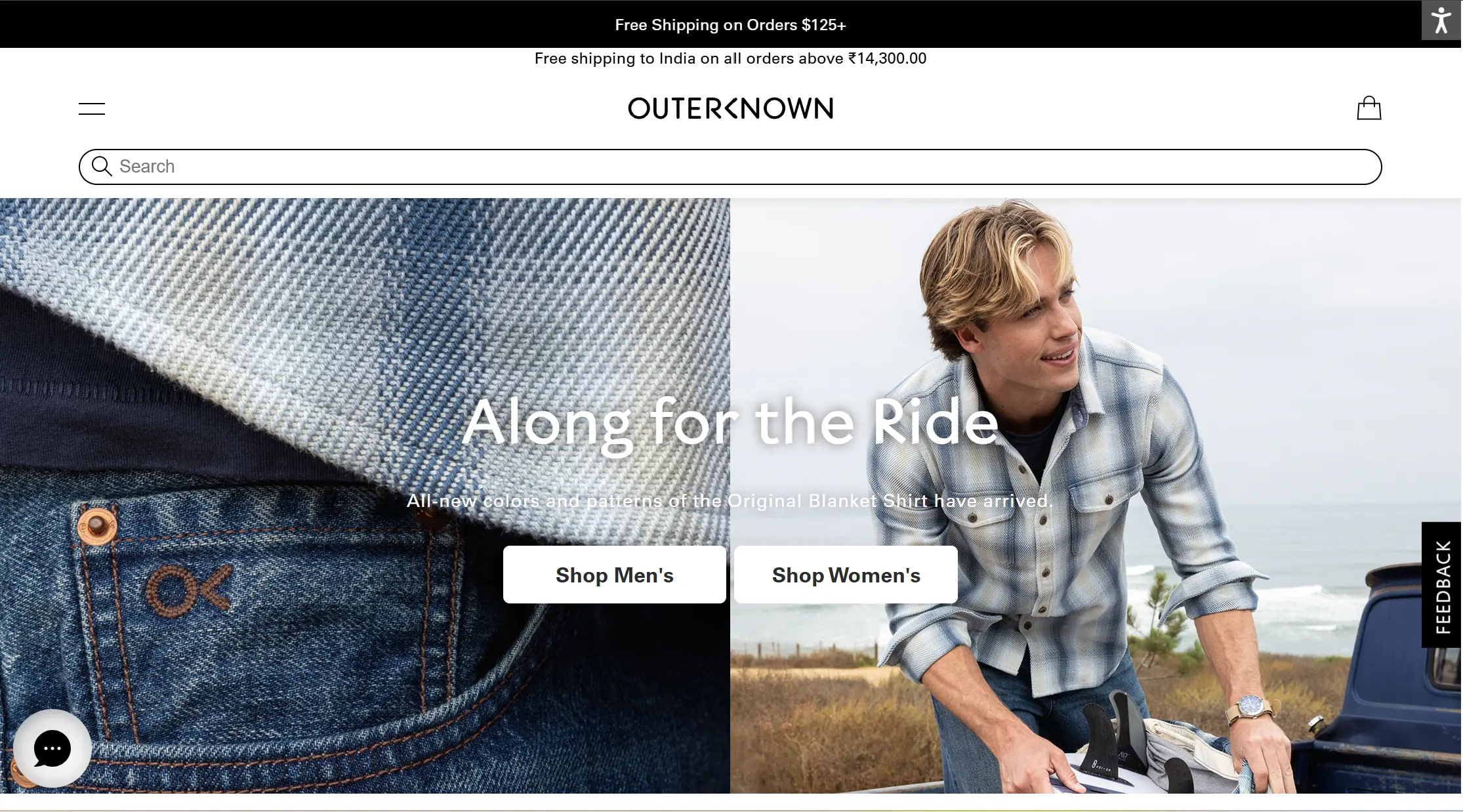 **Outerknown Homepage** A model in a blue plaid shirt near the beach with