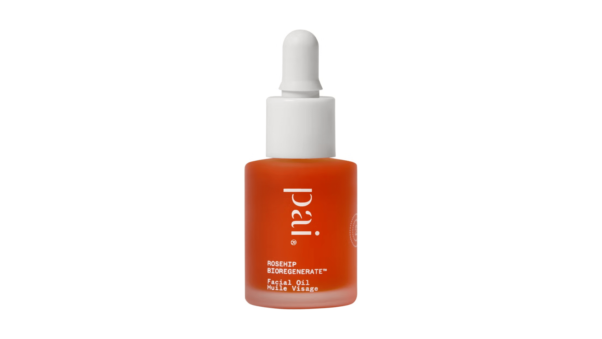 Pai rosehip bioregenerate facial oil bottle with orange glass packaging and white dropper cap displayed on white background