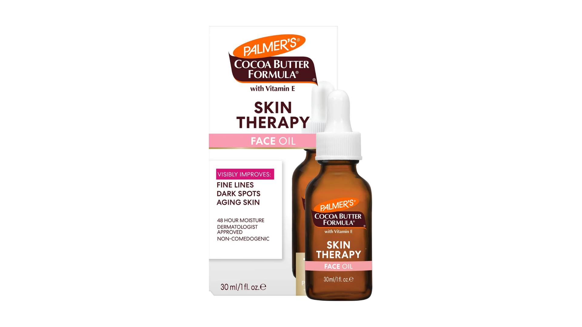 Palmers Cocoa Butter Formula Skin Therapy Face Oil in an amber dropper bottle beside its white and pink product box