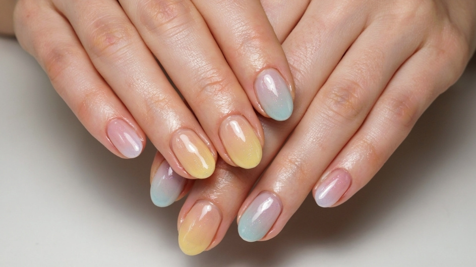 Close up hands showing rounded nails with lavender peach mint and blue gradient shades