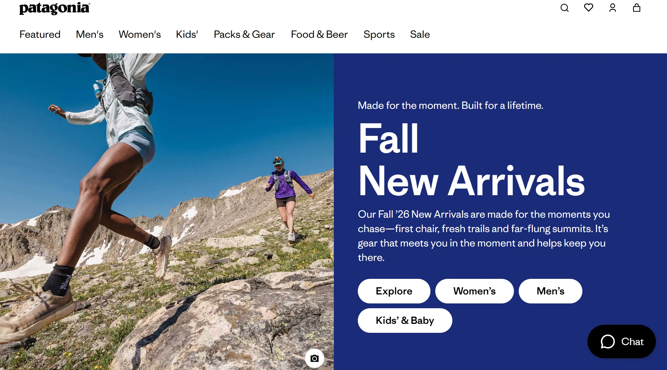 **Patagonia Homepage** Trail runners on a mountain top alongside