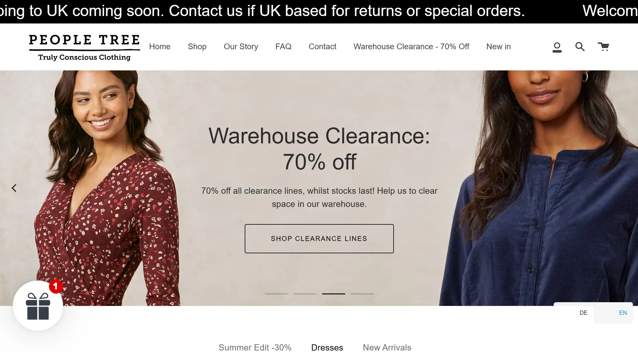 People Tree homepage banner promoting a 70% off Warehouse Clearance sale.