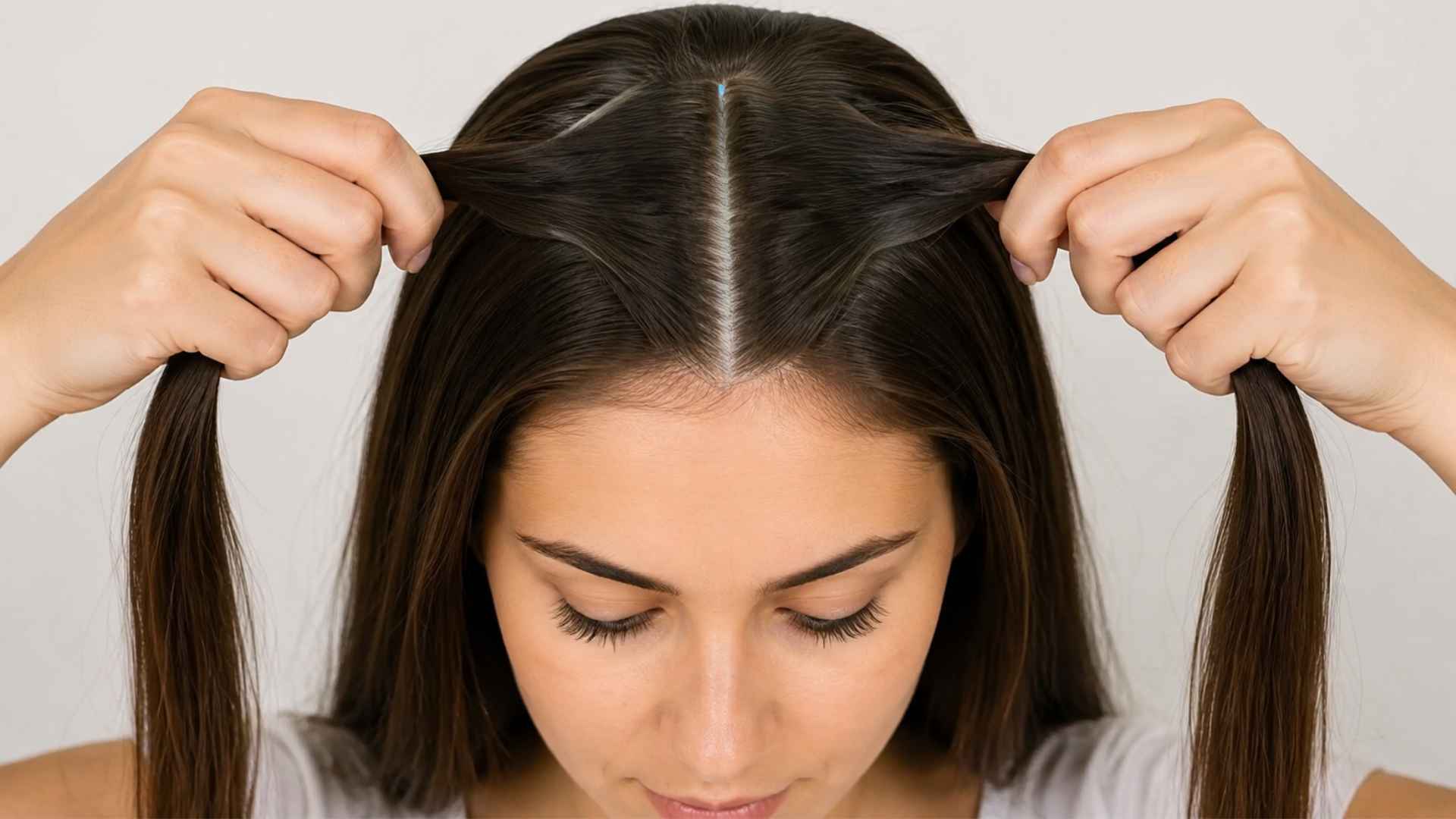Person sectioning smooth hair from the front with a clean middle part before starting a French braid process