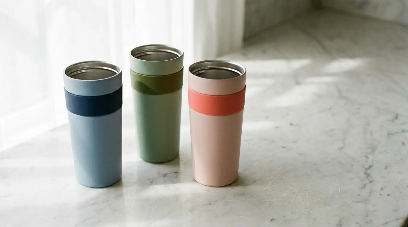Colorful travel mugs on sunlit marble countertop