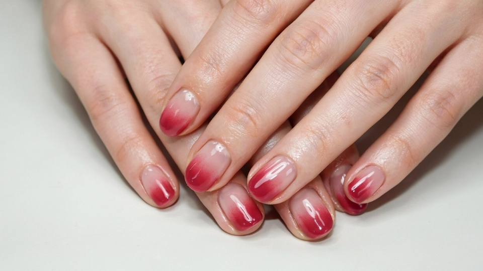 Pink aura round nails featuring glowing color blends and a clean polished salon manicure finish