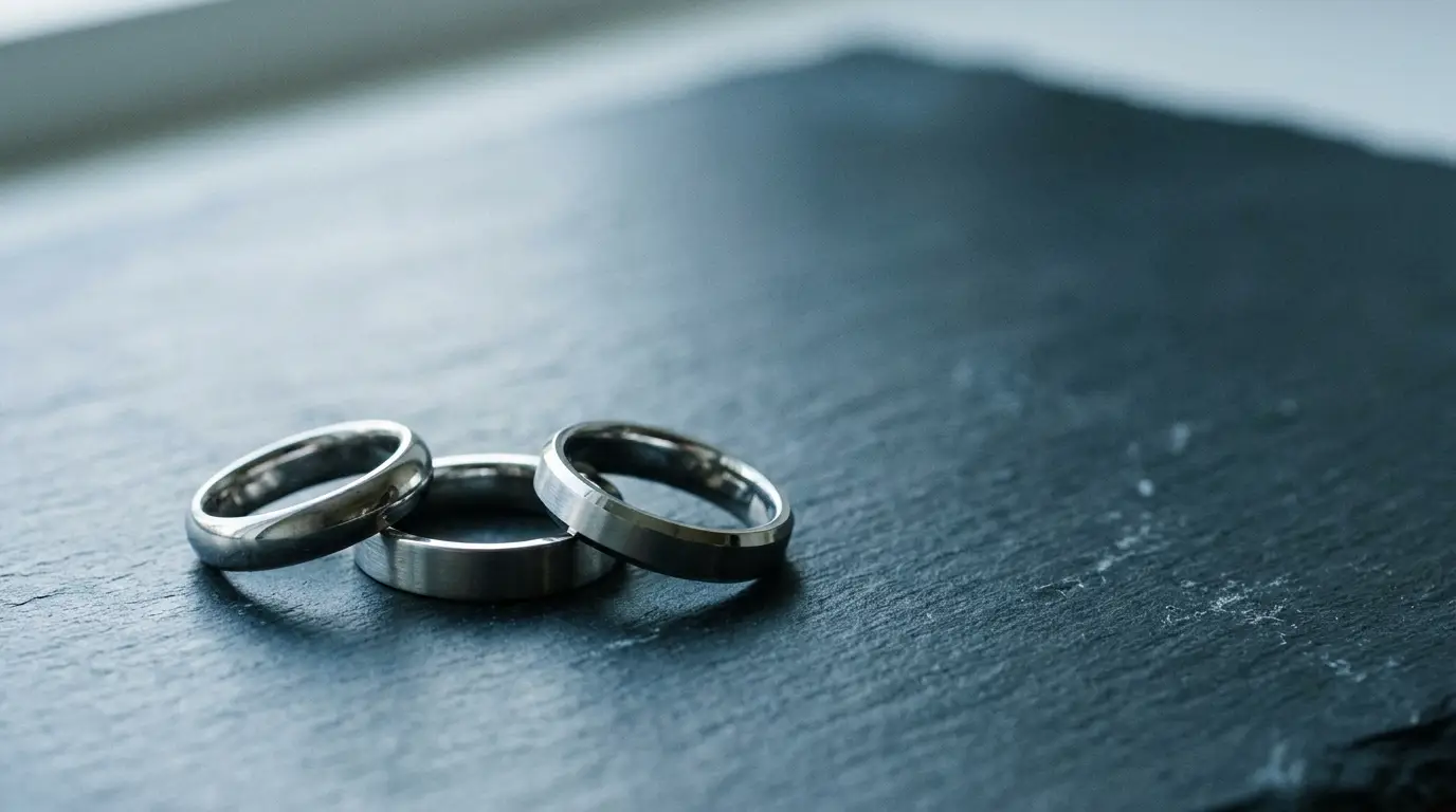 Three silver rings on dark slate surface in soft natural light