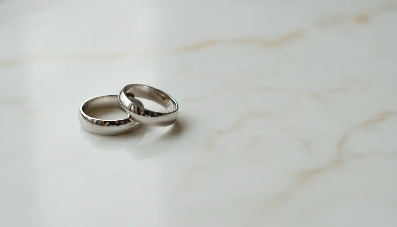 Two silver wedding bands on a marble surface in soft natural light