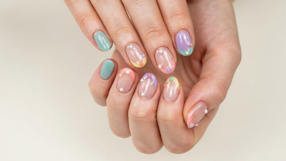 Close up hands showing rounded French nails with playful dot patterns and pastel colors