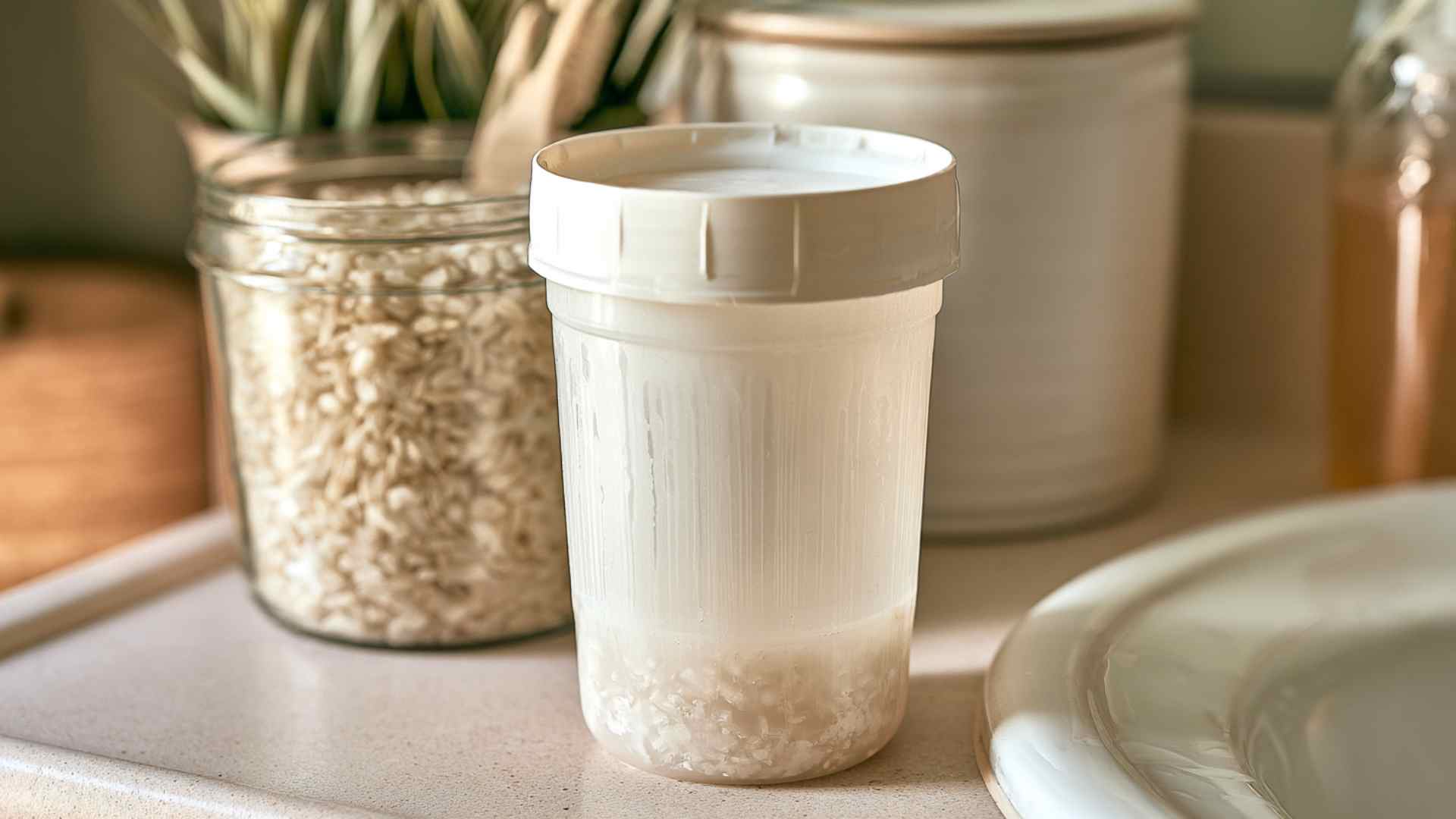 Poorly stored homemade rice water in a container