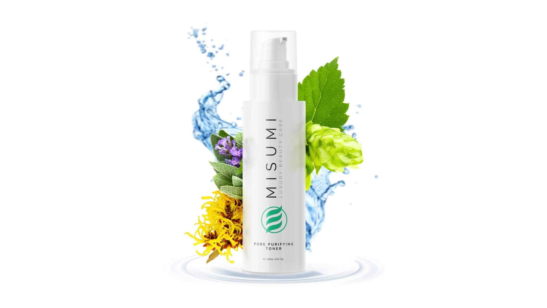 MISUMI pore purifying toner bottle surrounded by herbs, flowers, leaves, and refreshing water splash