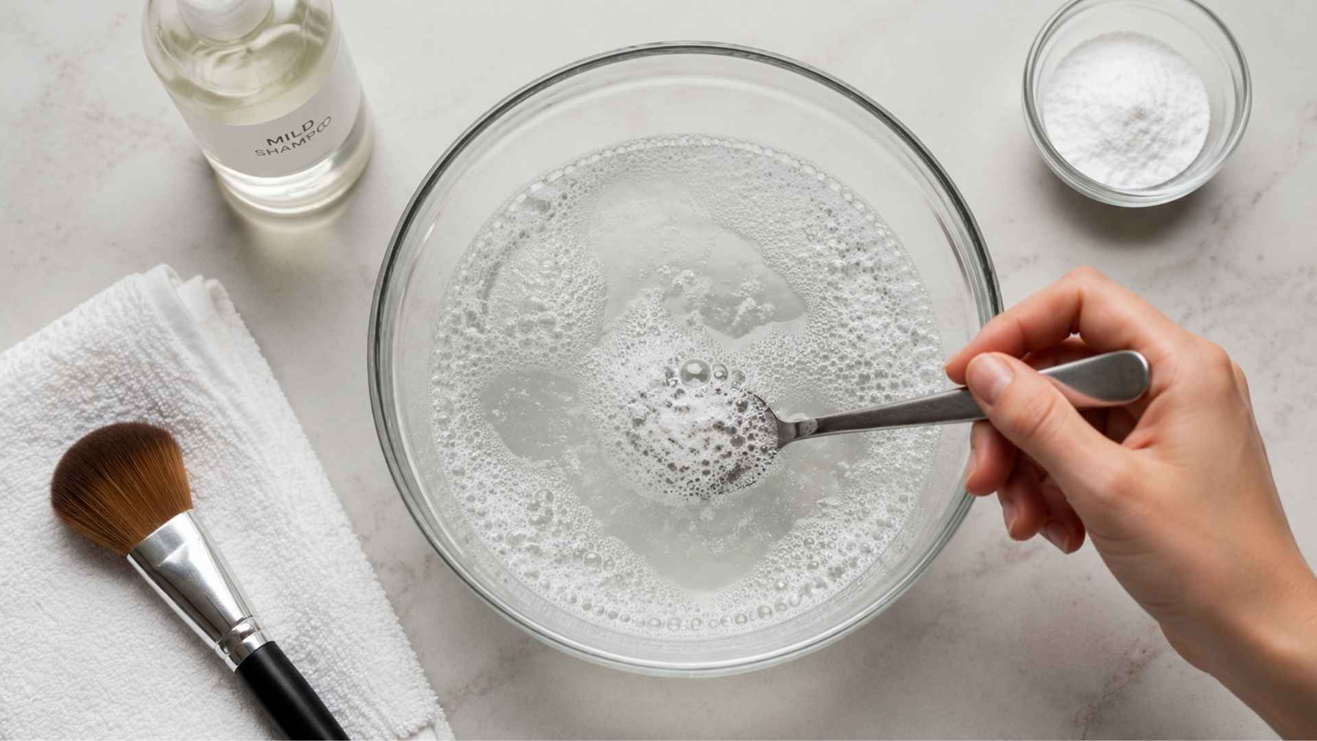 Bowl of warm water mixed with shampoo to make a hairbrush cleaning solution
