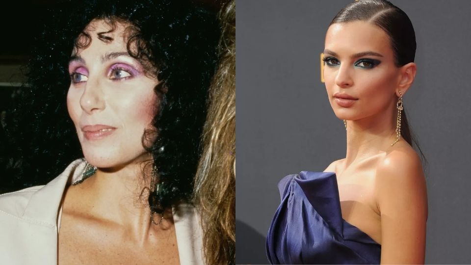 Cher and Emily Ratajkowski in purple eyeshadow 80s makeup look paired with a modern dramatic smoky eye