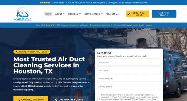 HVAC service van parked in residential area with contact form overlay